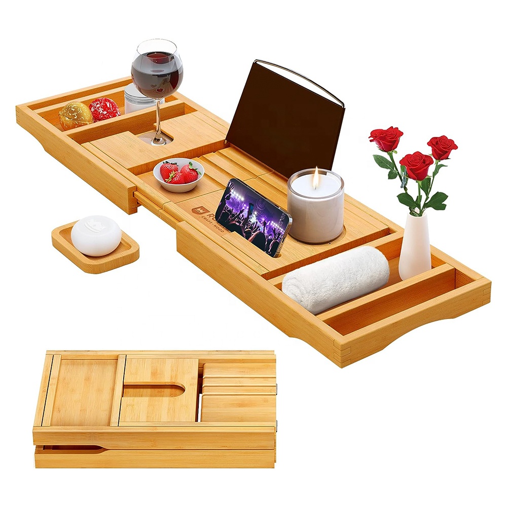 3 Layer Bath Tub Tray Table, Liftable Freestanding Bamboo Bath Tray Caddy For Tub Against Wall Bath Table Tray Tub Shelf W113669780