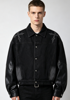 Veste en jean noire personnalisée pour homme avec broderie croisée, manches en cuir PU, effet usé, fabrication OEM