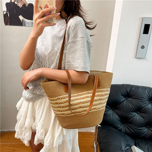 Bolso Tote de Diseño Texturizado Minimalista Casual para Mujer, Bolso de Hombro de Gran Capacidad, Estilo Veraniego, Bolso de <span class=keywords><strong>Playa</strong></span> de Paja - Product Image 3