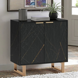 Credenza <span class=keywords><strong>effetto</strong></span> <span class=keywords><strong>marmo</strong></span> nero BIEN con gambe in metallo color oro, porte scanalate e finitura nera testurizzata - Product Image 1