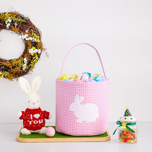 Paniers d'Halloween à carreaux rose pastel et bleu, sacs à bonbons réutilisables en toile avec un joli seau à bonbons en forme de citrouille pour filles et garçons - Product Image 2
