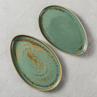 Restaurant Hôtel Banquet Style Japonais Porcelana Plateau Durable Glaçure Grossière Vert Tacheté Rétro Vert Céramique Ovale Plat Assiette