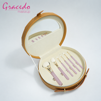 Juego de 6 Brochas de Maquillaje Profesionales de Seda de Cristal con Brocha de Abanico, Mangos de Diamantes de Imitación Rosas, Virolas de Cobre, Estuche Redondo de Viaje, OEM/ODM