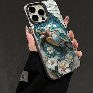 Coque de téléphone en verre teinté avec <span class=keywords><strong>tortue</strong></span> marine et fleurs pour iPhone 16/15/14/13/12 Pro Max, coque antichoc en TPU, esthétique océanique, bohème - Product Image 3