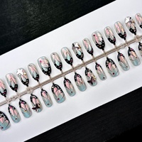 Ongles artificiels ovales moyens, effet 3D papillon, couleur changeante, incrustés de diamants, style Instagram, tendance Y2K, doux, cool et audacieux, style européen