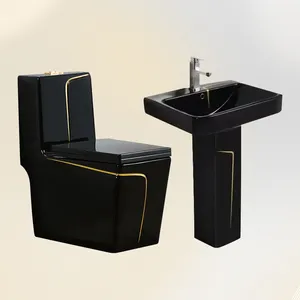 Ensemble d'évier de toilette en céramique noir et or de luxe, carré et moderne