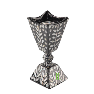 Handmade <b>Brass</b> <b>Candlestick</b> Holder With Shell Inlay Black Leaf Pattern Home Decoration - Product Image 1