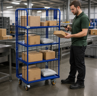 Chariot de rangement industriel à étagères multiples réglables en maille métallique, chariot utilitaire à quatre roues pour la manutention en entrepôt