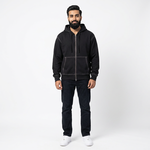 Sweat-shirt zippé épais à double couche coutures contrastées 100% coton sweats à capuche à double fermeture éclair avec logo personnalisé - Product Image 1