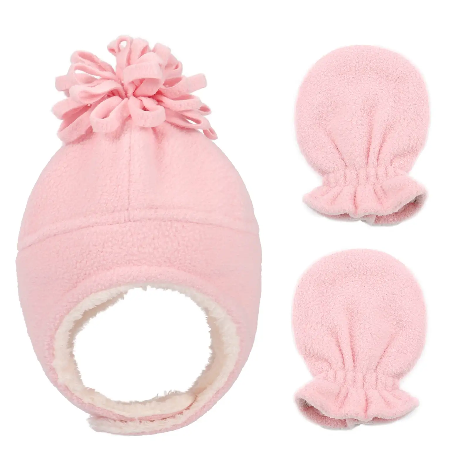 Hiver Garçons Filles Polaire Sherpa Doublé Bébé Earflap Trapper Hat And Mittens Set Thick Toddler Baby Fleece Beanie With Ear Faps