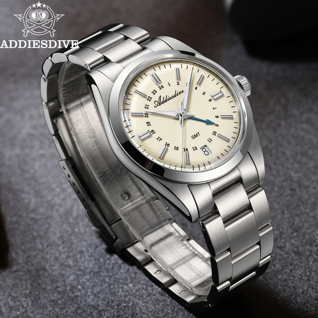 OEM Custom Dial Logo 36MM GMT Quartz Watch Swiss 515-24H Mineral Glass 316L Steel 100M Waterproof Men Wristwatch