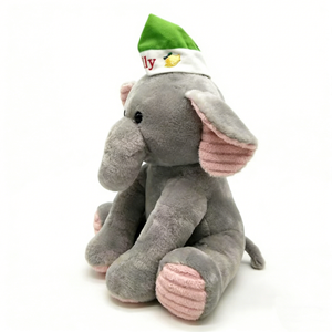 Éléphant en peluche personnalisé pour Noël, avec oreilles roses en velours côtelé, assis, gris, avec chapeau d'ananas festif - Product Image 3