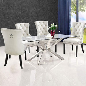 <span class=keywords><strong>Chaise</strong></span> de salle à manger moderne en velours <span class=keywords><strong>gris</strong></span> bleu et blanc avec dossier capitonné pour la maison, le bureau, le restaurant, l'hôtel, confortable, avec <span class=keywords><strong>anneau</strong></span> de porte en forme de lion - Product Image 1