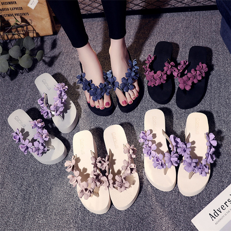 Female Summer Flower Sandals Slippers Casual Shoes Womens Flip Flop 2020 Wedge Heel Flip Flops