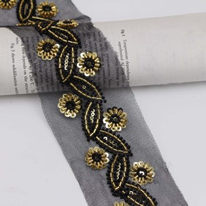 Tela de Encaje Bordado con Malla Negra y Blanca, Tela para Coser Ropa, Adorno de Cuentas de Cristal, Adorno de Lentejuelas con Flores para Disfraces - Product Image 5