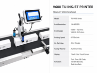 Impresora de Inyección de Tinta TIJ V600 de 600DPI para Impresión de Códigos QR, Fechas de Caducidad y Logotipos, Codificador de Inyección de Tinta Térmica Industrial en Línea de 12.7mm y 25.4mm