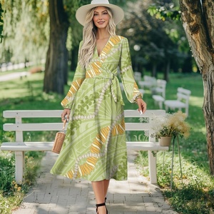 Robe longue décontractée pour <span class=keywords><strong>femme</strong></span>, taille plus, à manches longues et à nouer, avec imprimé tribal Tapa des îles du Pacifique, impression à la demande, sur mesure - Product Image 2