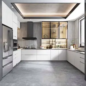 OPPEIN Meuble <span class=keywords><strong>de</strong></span> <span class=keywords><strong>cuisine</strong></span> compact <span class=keywords><strong>avec</strong></span> éclairage intégré, porte-rouleau, panneau acrylique, évier, robinet, charnière et armoire colorée pour <span class=keywords><strong>cuisine</strong></span> - Product Image 1