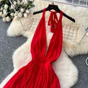 Robe midi d'été pour femme, durable, respirante, tissée, col en V romain, coupe ajustée, décontractée, infroissable, lavable, style Empire, dos nu, bretelles spaghetti - Product Image 3
