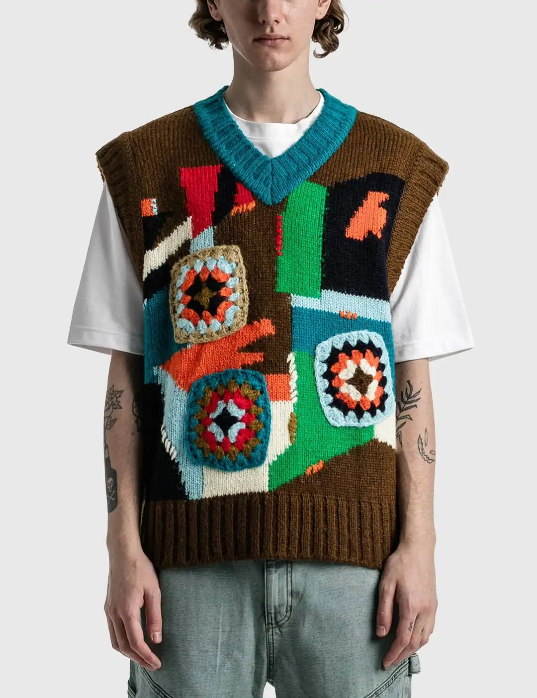 Fashion Custom Design Woven Jacquard Crochet V Neck Sleeveless Knit Men's Vest Sweater
