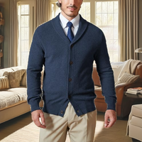 Herren-Cardigan mit Schalkragen, 100% Baumwolle, reguläre Passform, Knopfleiste, lange Ärmel, einfarbig, atmungsaktiv, Frühling (Indigo, 4XL)