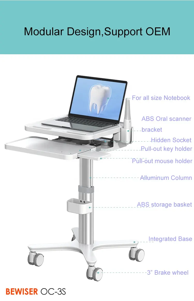 Chariot médical Chariot de clinique de dentiste de chariot d'hôpital d'ordinateur portable (BEWISER MTO-3)