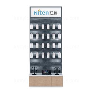 Support d'affichage en métal avec panneaux perforés et tiroirs en bois pour écouteurs et accessoires de téléphone, présentoir de vente au détail suspendu avec crochets - Product Image 3