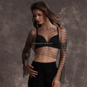 Tinh thể kim cương Rhinestone dài tay áo Crop <span class=keywords><strong>Top</strong></span> lấp lánh long lanh xem qua Fishnet che lên hàng đầu - Product Image 1