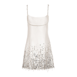 <span class=keywords><strong>Robe</strong></span> Mini en Satin Glamour et Élégante 2027 pour Femme avec Bretelles en Cristal, Paillettes Scintillantes et Pompons – <span class=keywords><strong>Robe</strong></span> Blanche Formelle pour Fêtes et Vacances - Product Image 1
