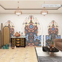 Papier peint mural personnalisé en tissu, motif arche islamique bleue marocaine, faux fenêtre, carreaux mandala, pour gîte, café