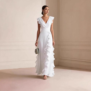 Abito in chiffon da donna 2026, stile europeo-americano, primaverile, tinta unita, plissettato, senza maniche, <span class=keywords><strong>scollo</strong></span> a V, vita alta - Product Image 3