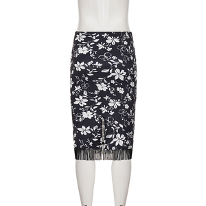 Women Retro Floral Print Fringe Hem Bodycon Skirt Black White Contrast <b>High</b> Waist Pencil Skirt Sexy Y2K Midi Skirt - Product Image 6