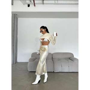 Jupe en jean vintage automne/hiver ornée de motifs métallisés, décontractée, sexy, grande taille, design asymétrique, avec boutons et technique de lavage diamant, taille ajustée - Product Image 5