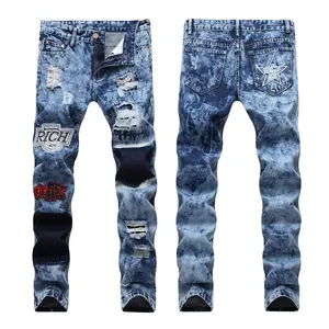 Customize Logo American Street Style Skinny Distressed Jeans Black and white checked hole patch stitching jeans