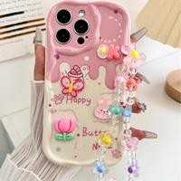 Coque de téléphone portable DIY motif lapin floral mignon avec chaîne pour iPhone 16 Plus 15 17 18 Pro Max, motif crème, coque arrière