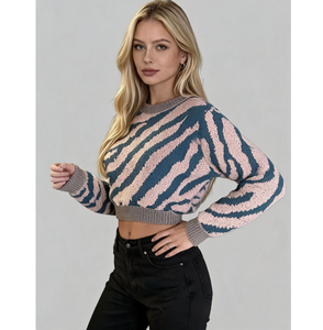 Nuovi Arrivi: Maglioni Pullover da Donna Eleganti e alla Moda in Cotone e Spandex, con Motivo a Righe Zebrate, Lavorati a Maglia, Anti-Restringimento - Product Image 4
