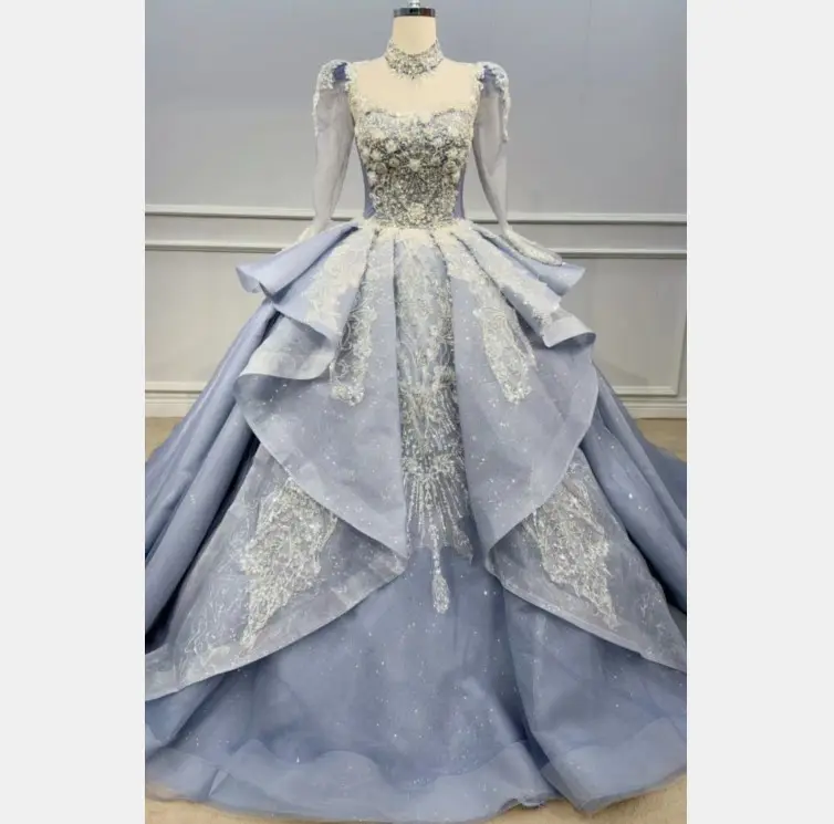 QUEENSGOWN factory direct elegance party gowns light blue embroidered bridal ball gown ruffles long sleeve women luxury dress