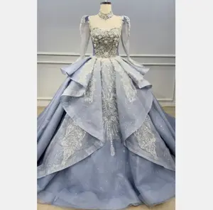 Gaun Pesta Elegan Langsung dari Pabrik Gaun Pesta Pengantin Bordir Biru Muda Ruffles Gaun Mewah Wanita Lengan Panjang