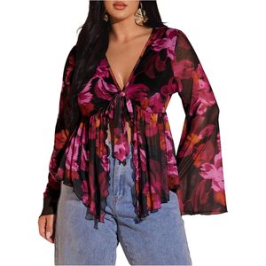 Blusa de primavera para mujer, talla grande, estilo bohemio, con estampado floral, malla, manga acampanada, volantes, lazo frontal y cuello en V con peplum - Product Image 1
