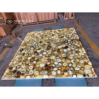 Panneau mural de douche de luxe en agate de cristal brun naturel translucide au design rétroéclairé unique