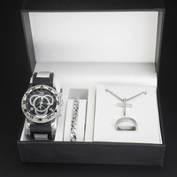 Ensemble promotionnel de 4 pièces pour homme, tendance estivale, marque YJ, acier inoxydable, plaqué argent, montre, bracelet, collier, bague, ensemble cadeau