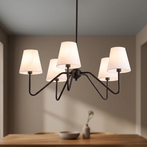Lámpara de araña de hierro negro de 5 luces con pantallas de tela tipo campana, bombilla LED E27, 2700K, blanco cálido, para sala de estar - Product Image 4