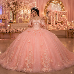 Vestido de Quinceañera de Lujo Xybb01-Pz Color Rosa Melocotón, con Busto Drapeado, Corsé con Cuentas, Apliques de Flores 3D, Vestido de Gala con Brillo, Jancember - Product Image 1