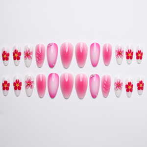 Unghie Finte Rosa a Mandorla con Decorazioni Floreali e Perle Fatte a Mano, Carine per Primavera Estate, Riutilizzabili, Copertura Completa, per Uso Quotidiano Femminile - Product Image 3