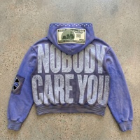 Jaket Hoodie Bordir Custom Berhias Rhinestone Y2K Streetwear Vintage Hitam Pudar Tebal Resleting Pria 100% Katun