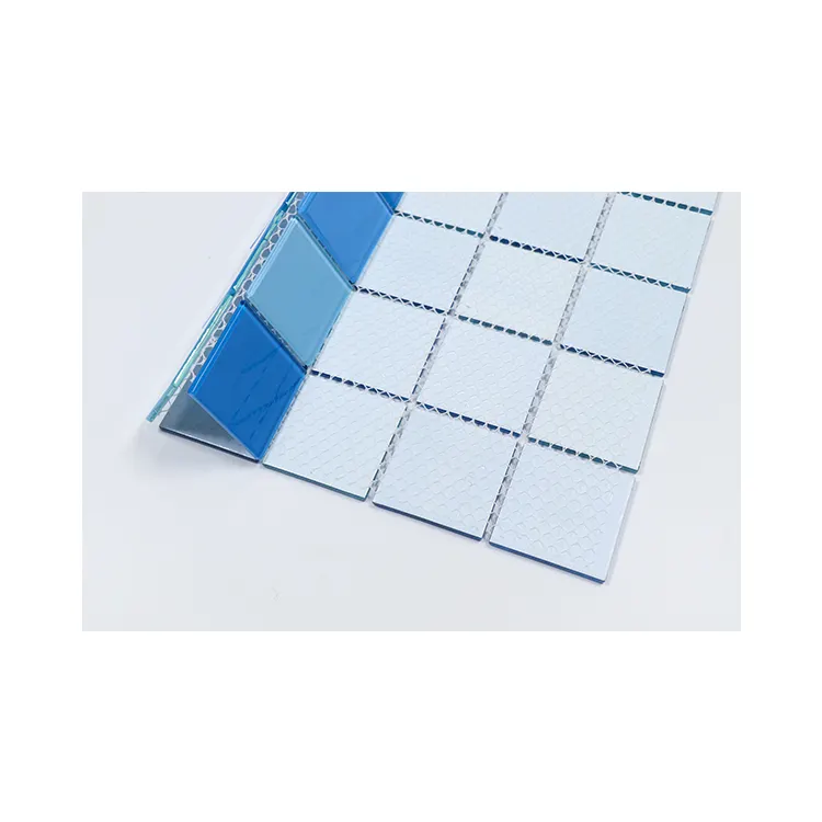 Mosaico de vidrio biselado cuadrado azul, pieza de vidrio transparente, rectangular, doble biselado, gran oferta de fábrica