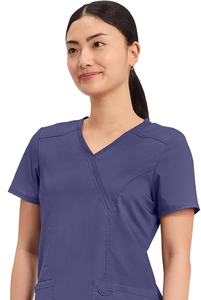 Haut de blouse médicale unisexe à col cache-cœur, 3 poches, extensible dans les deux sens, en tissu sergé durable (polyester + rayonne + élasthanne), pour usage hospitalier - Product Image 2