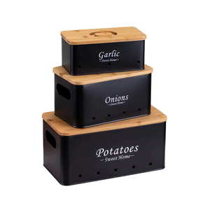 Ensemble de 3 boîtes de conserve de cuisine avec couvercle en bois, boîte de rangement pour pommes de terre, oignons et ail, récipient en métal avec trous d'aération pour le stockage des aliments - Product Image 1