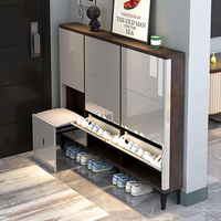 Meuble à chaussures moderne et durable en bois fin laqué brillant, avec rangement ouvert, gain de place, pour entrée, panneau multi-portes, pour hall d'entrée domestique