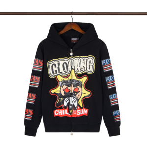 Glo Gang Heavyweight Cotton Rhinestone Full Zip Hoodie Sun Logo Graphic Oversized <span class=keywords><strong>Drill</strong></span> <span class=keywords><strong>Rap</strong></span> Y2K Streetwear Hooded Jacket - Product Image 1